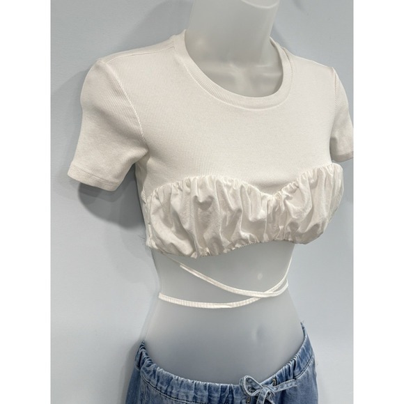 Zara White Crop Top Wrap Tie Bustier Corset Style Cotton Tee S Y2K - Picture 5 of 10